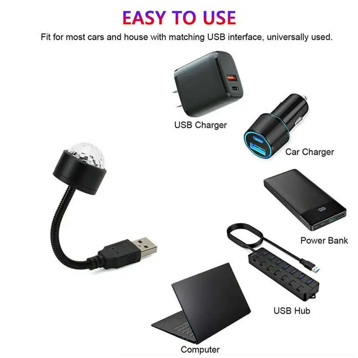 USB star night light projector connection options including USB charger, car charger, power bank, and computer.