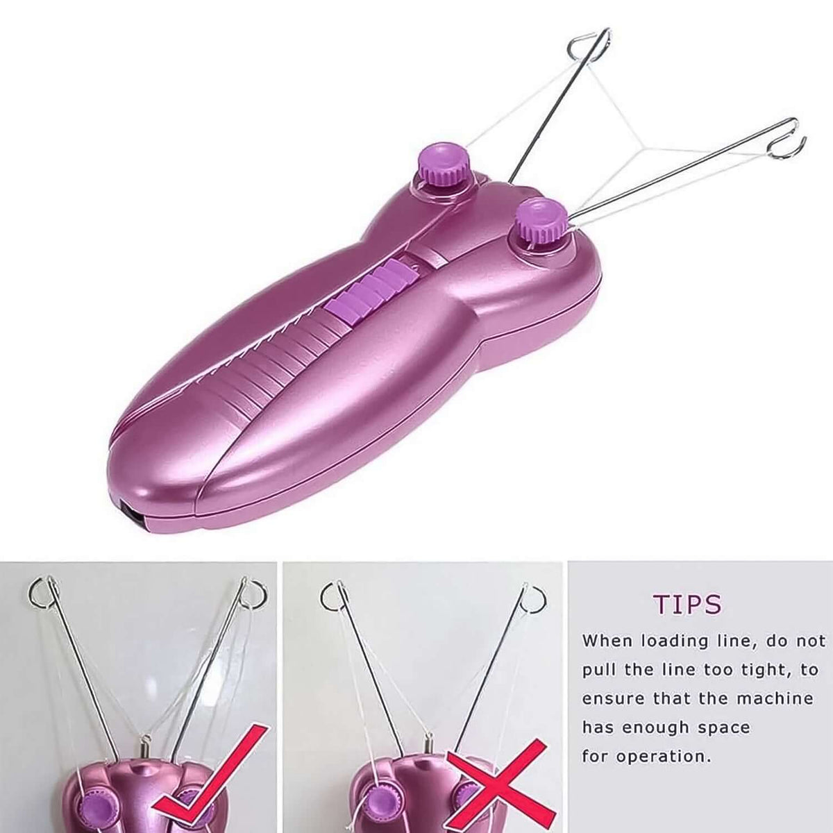 Electric facial hair remover for women showing a pink threading machine with instructional tips.