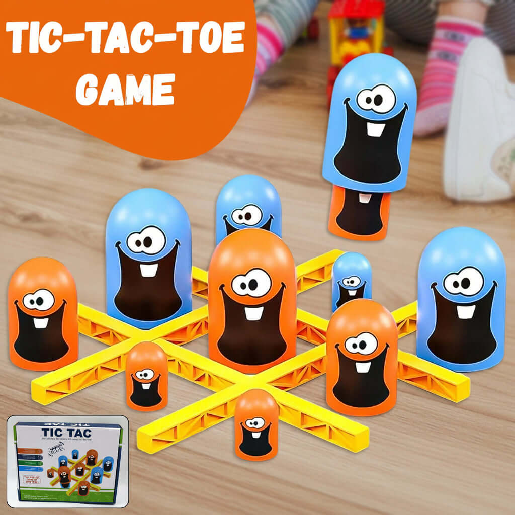 Tic Tac Toe Gobble game for kids featuring colorful tokens and a playful design on a wooden background.