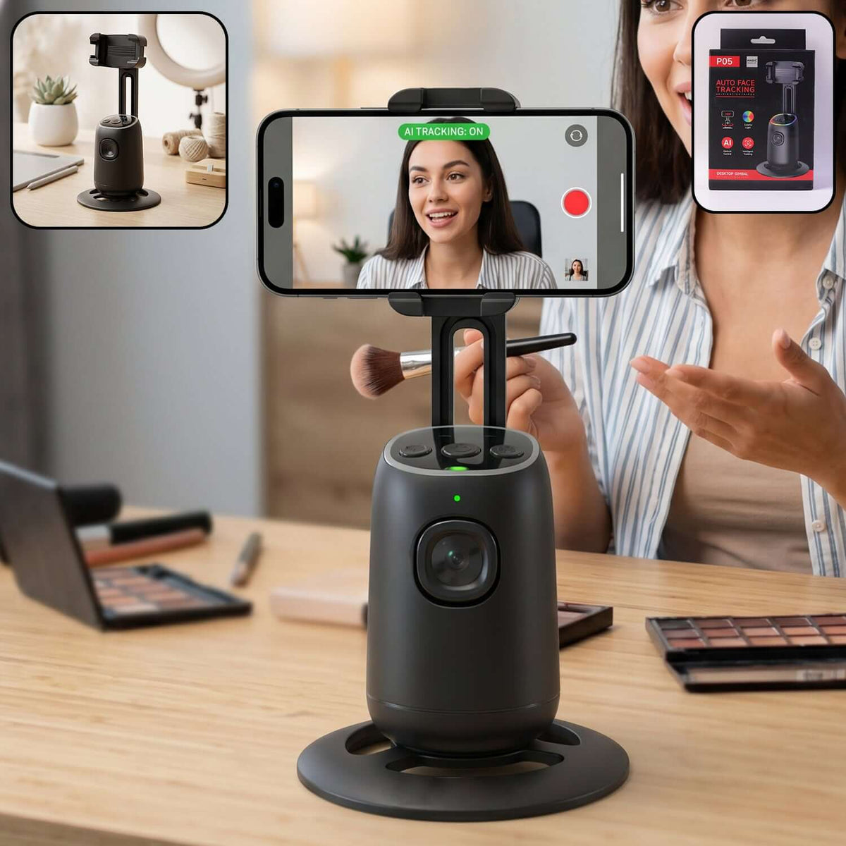 Smart AI face-tracking phone holder in use for video calls and streaming, showcasing 360-degree rotation.