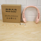 USB Rechargeable Bladeless Neck Fan (1 Pc) with box and USB charging cable on a wooden surface.