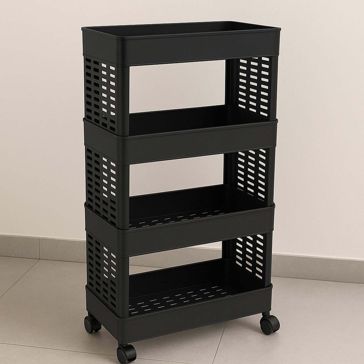 4-layer plastic storage trolley with wheels and four ventilated baskets for versatile organization.
