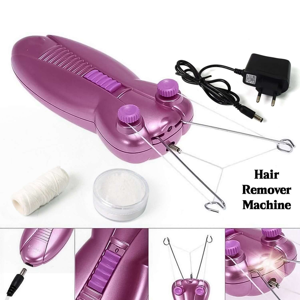 Electric facial hair remover for women set including machine, adapter, thread, and face powder.