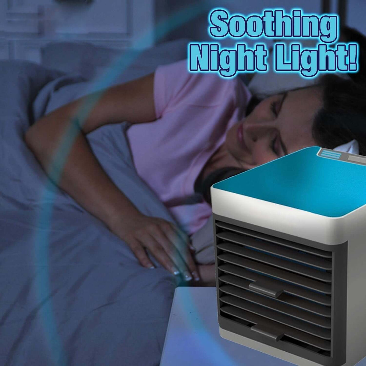 Mini portable air cooler with LED light providing soothing night light beside a sleeping person.