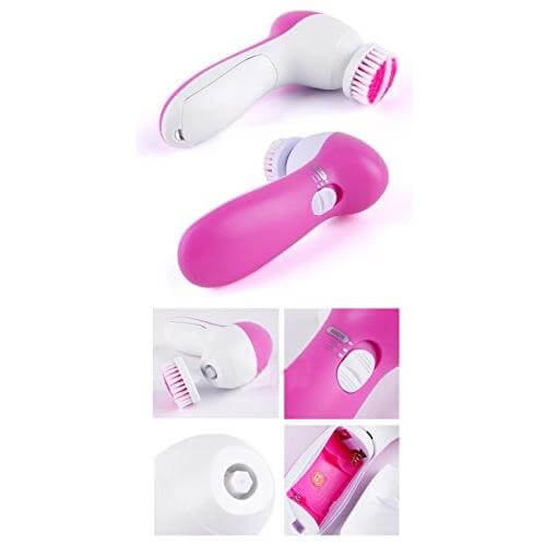 5-in-1 face and body massager pink with interchangeable heads for cleansing and exfoliating