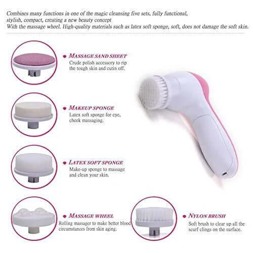 5-in-1 face and body massager pink with interchangeable heads for cleansing, exfoliating, and massage.