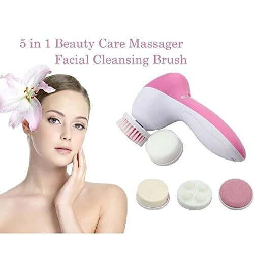 5-in-1 face and body massager pink with interchangeable heads for cleansing and exfoliating