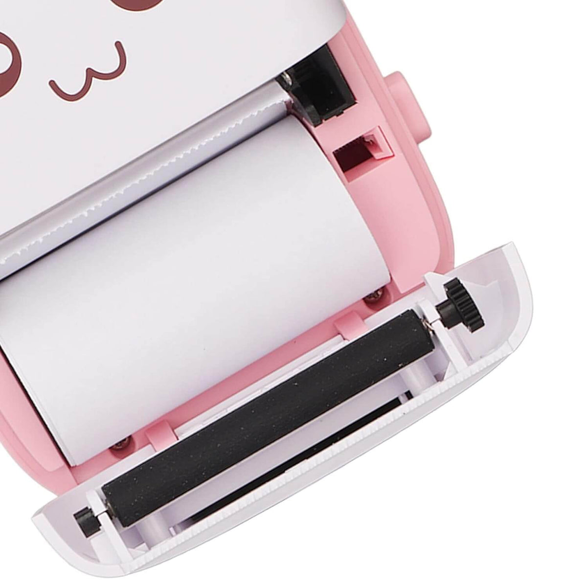 Pocket mini bluetooth thermal printer with paper roll showing the thermal paper compartment.