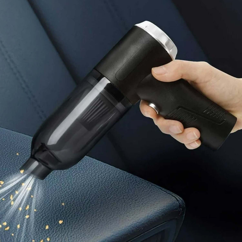 3-in-1 rechargeable car vacuum cleaner in use, highlighting its handheld design for cleaning upholstery.