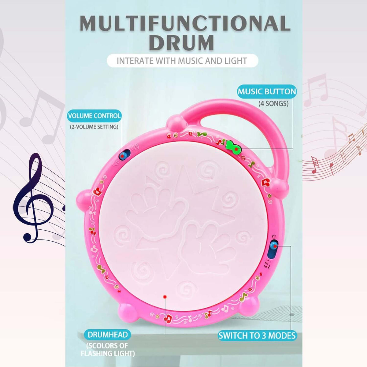 Colorful Musical Drum Toy for Kids with buttons for volume, music, and light features.