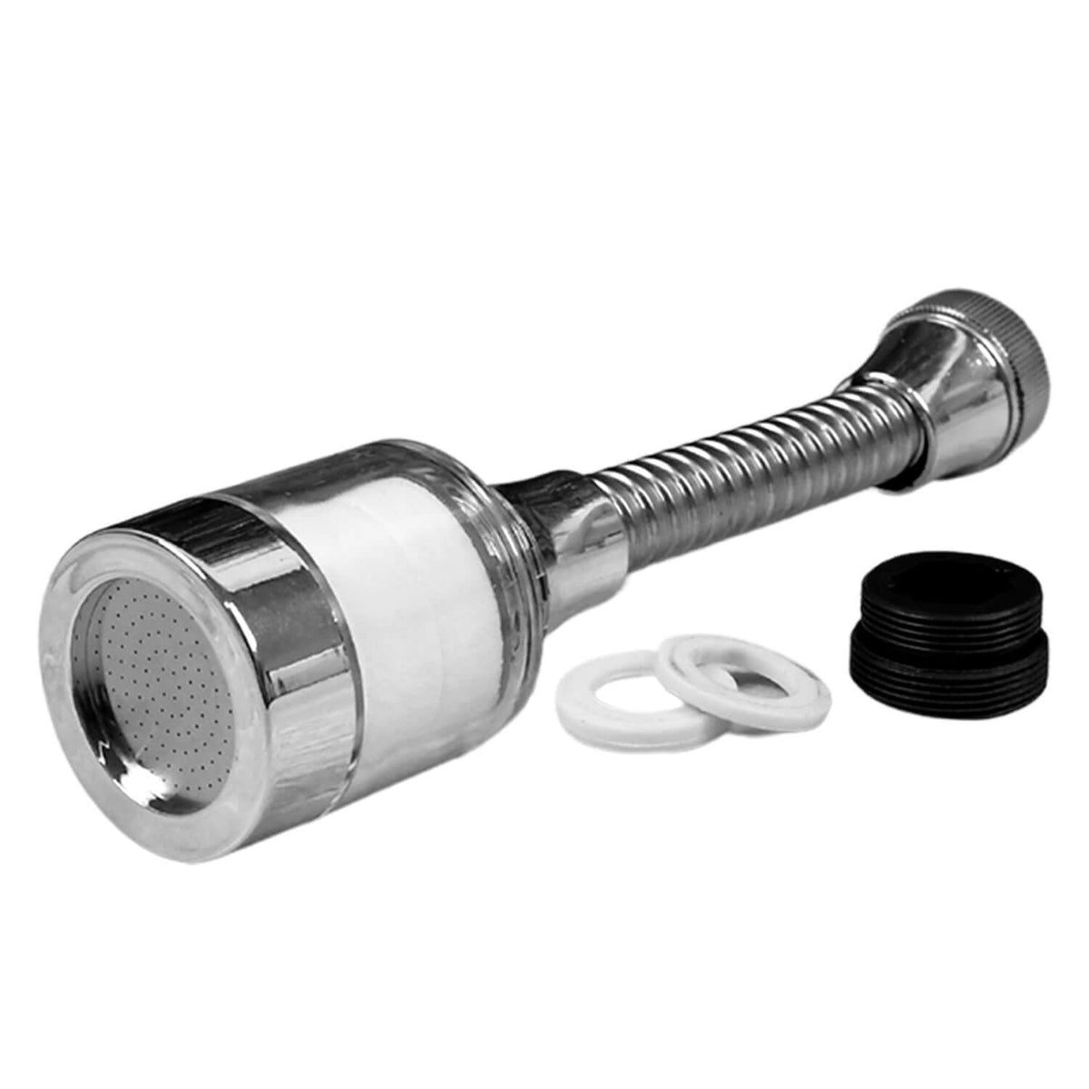 water-saving faucet extender with a flexible neck and additional washers for installation.
