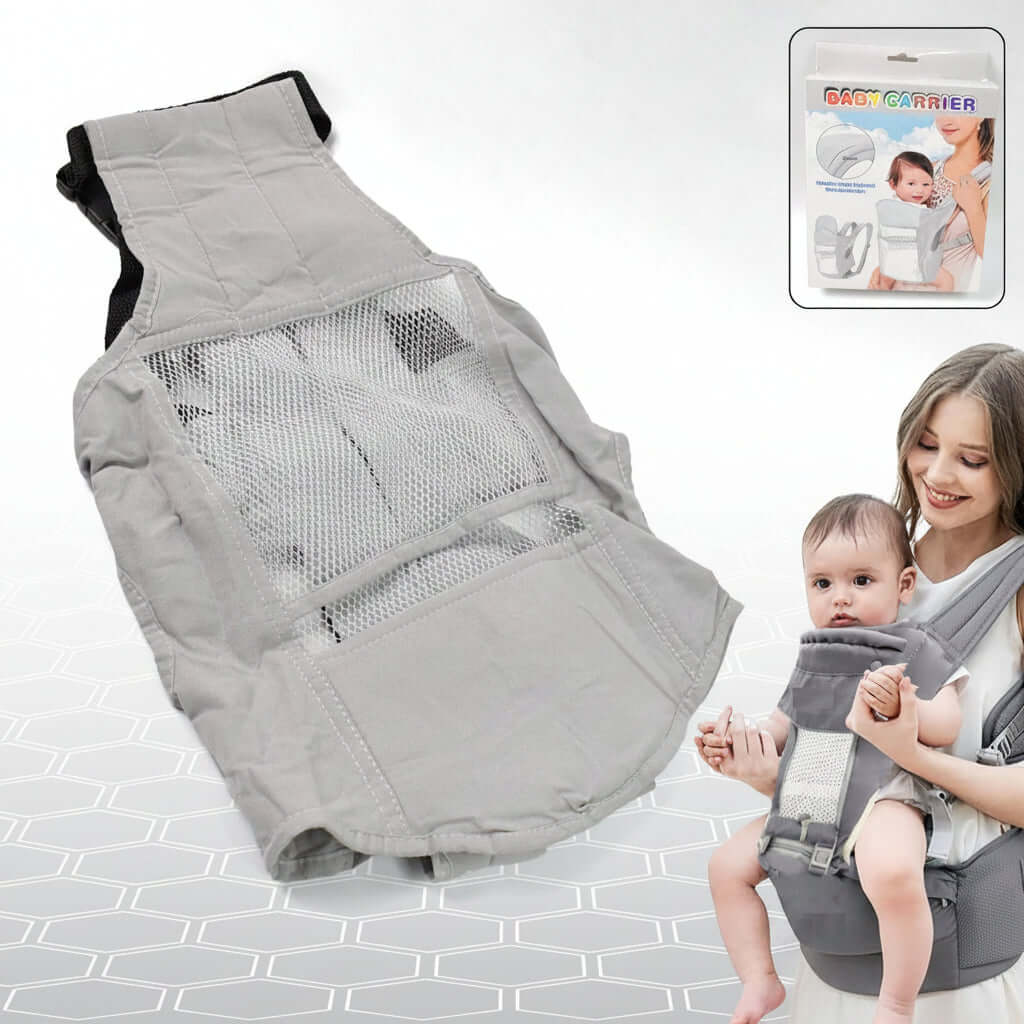 Ergonomic baby carrier with adjustable sling showing padded hip seat and mesh panel for comfort.
