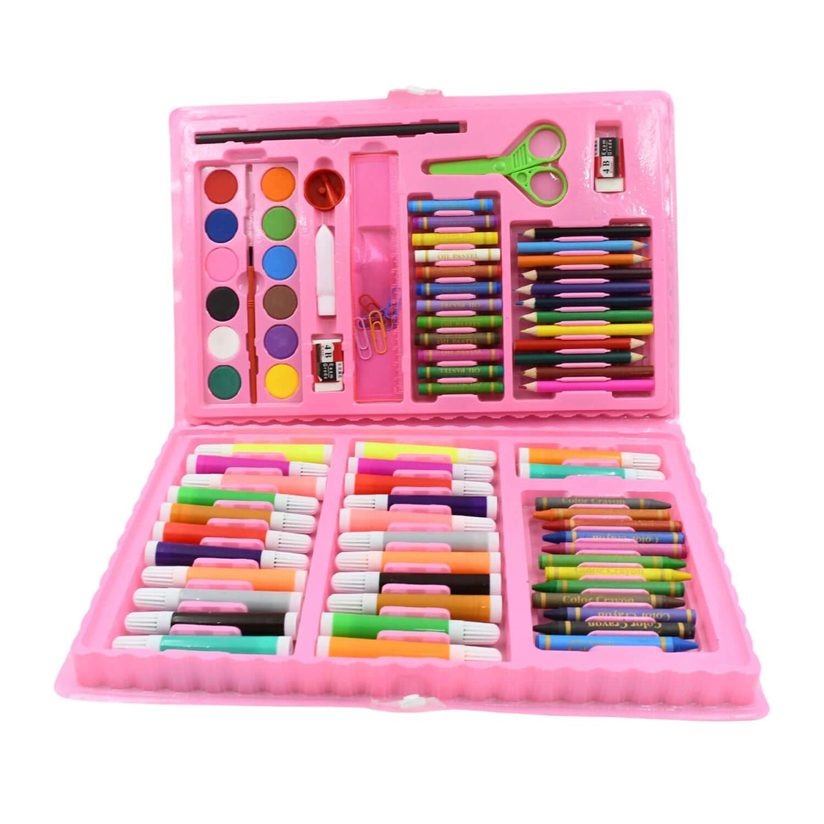 86-Piece kids art set with easel in a pink case, featuring markers, crayons, and painting supplies.