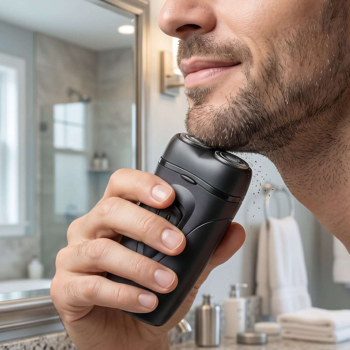 A man using a Portable Cordless Electric Shaver for Men in a bathroom for a close shave