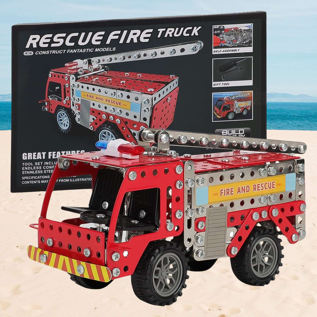 292-Piece metal fire truck building blocks kit with real metal parts and assembly tools.