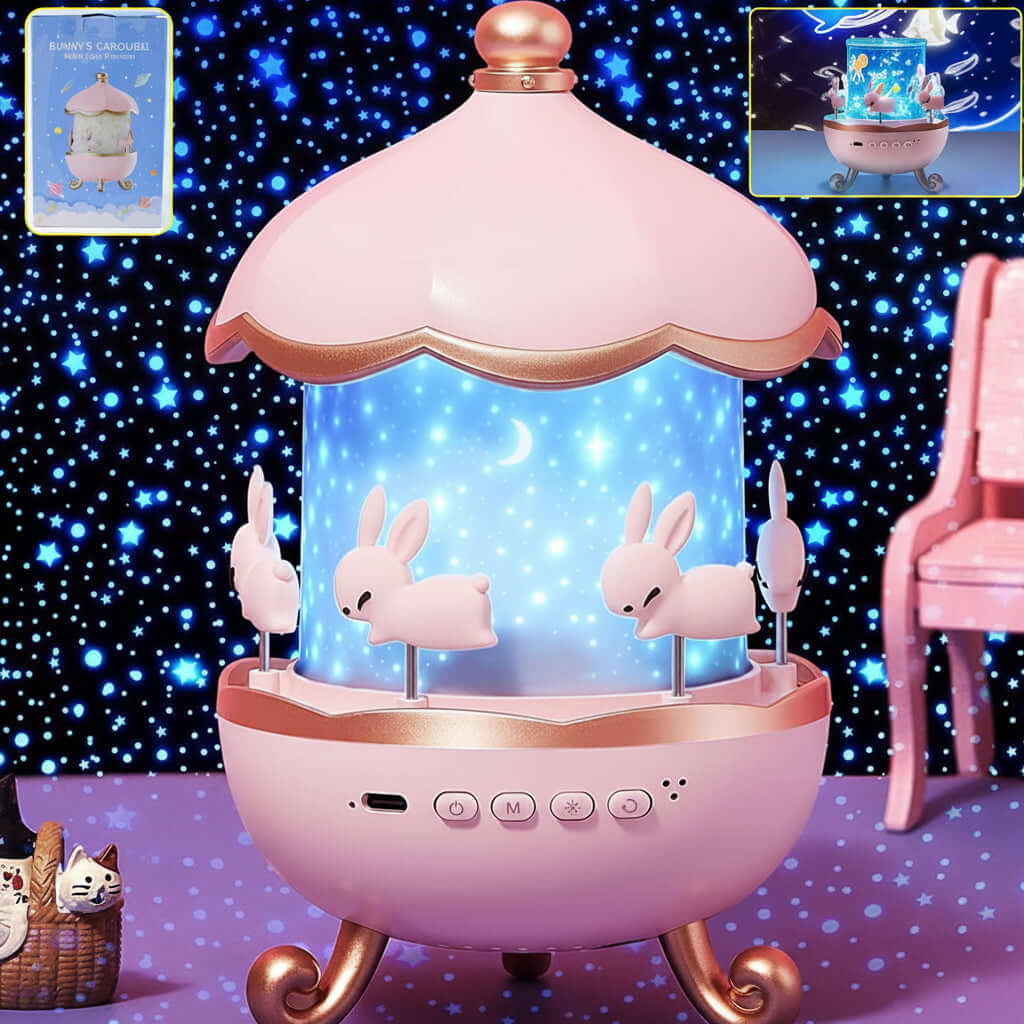 Bunny carousel rotating LED night light with music projecting stars, perfect for calming children's sleep.