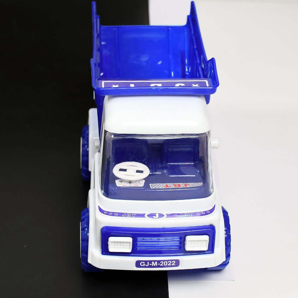 friction powered dumper truck for kids in blue and white design with tipping container