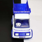 friction powered dumper truck for kids in blue and white design with tipping container
