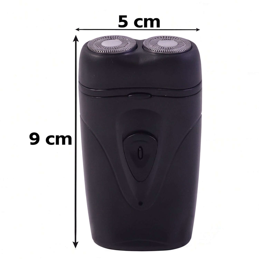 Portable Cordless Electric Shaver for Men with dual rotary heads, measuring 5 cm by 9 cm for easy travel.