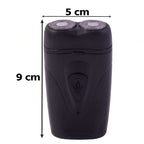 Portable Cordless Electric Shaver for Men with dual rotary heads, measuring 5 cm by 9 cm for easy travel.