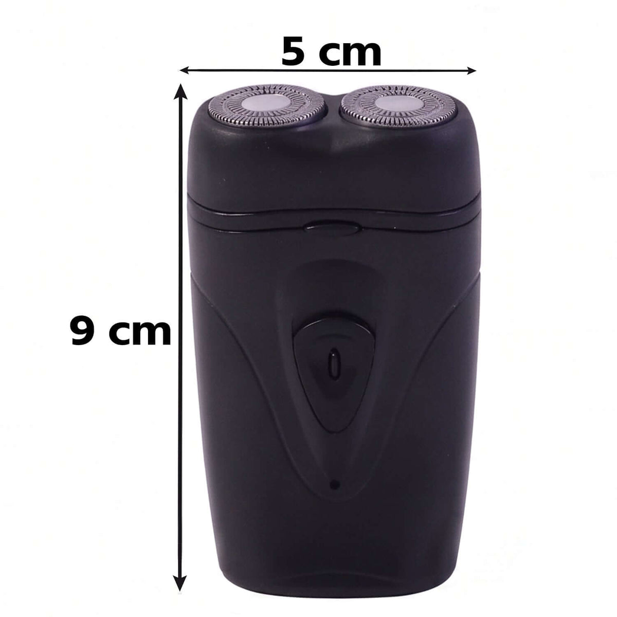 Portable Cordless Electric Shaver for Men with dual rotary heads, measuring 5 cm by 9 cm for easy travel.