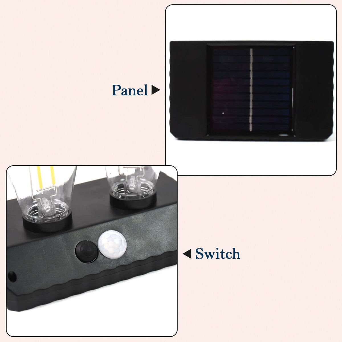 Solar powered LED wall lamp with a solar panel and switch for easy operation.