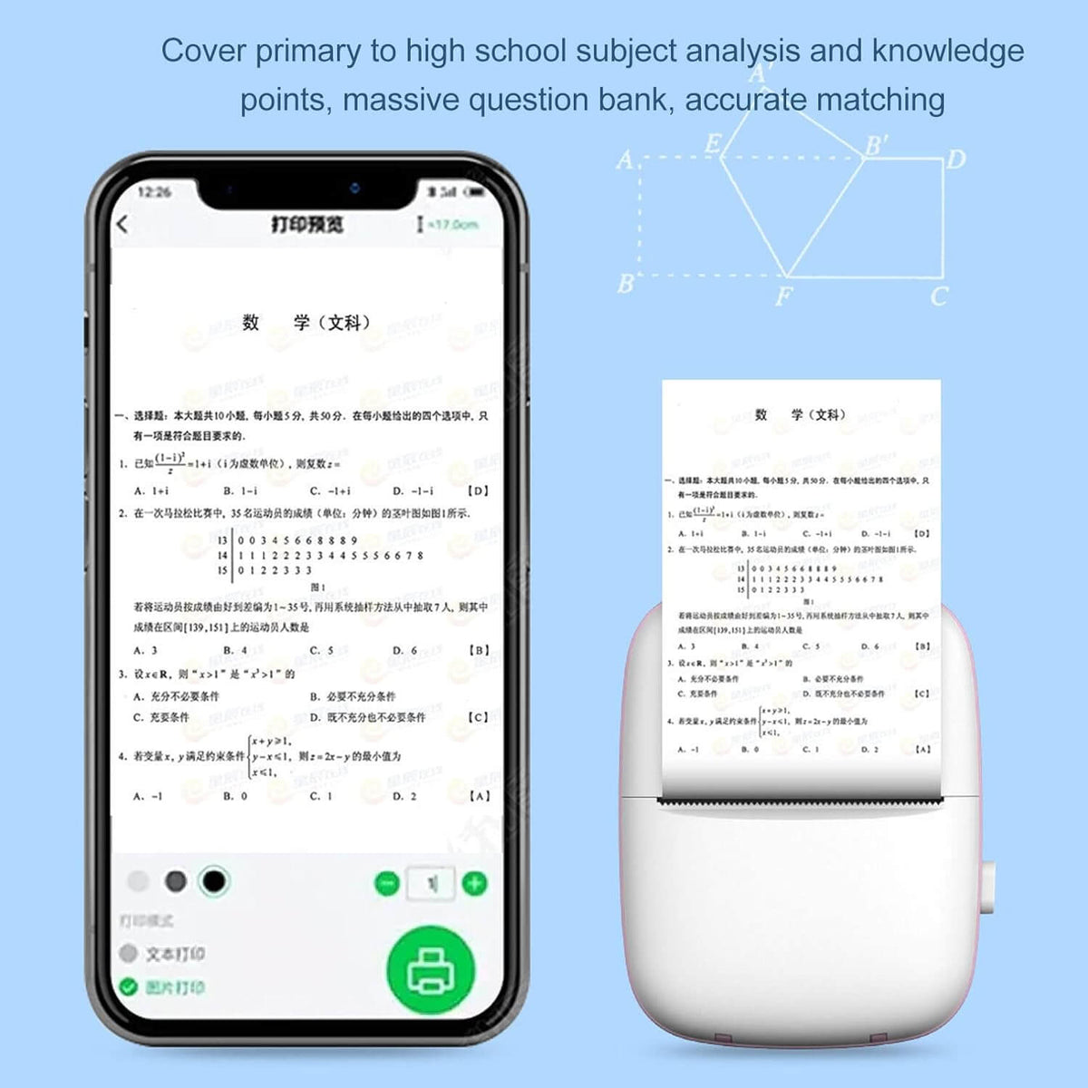 Pocket mini bluetooth thermal printer connected to smartphone printing educational material and notes.