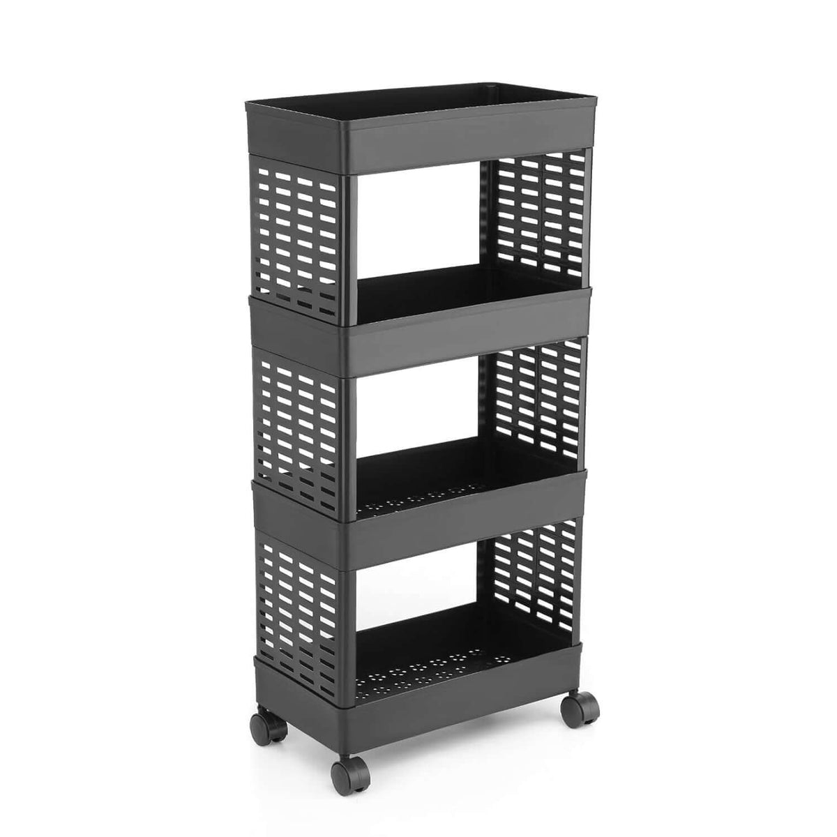 4-layer plastic storage trolley with wheels, featuring three deep ventilated baskets for versatile storage.