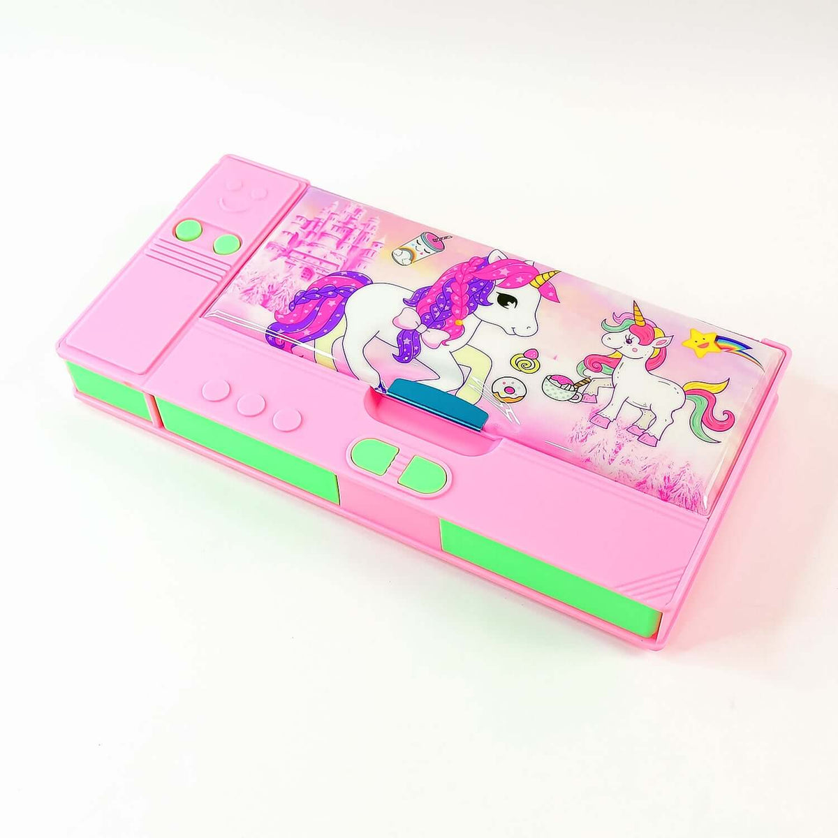 Jumbo Geometry Box with Calculator featuring unicorn design, perfect for school, office, and travel.