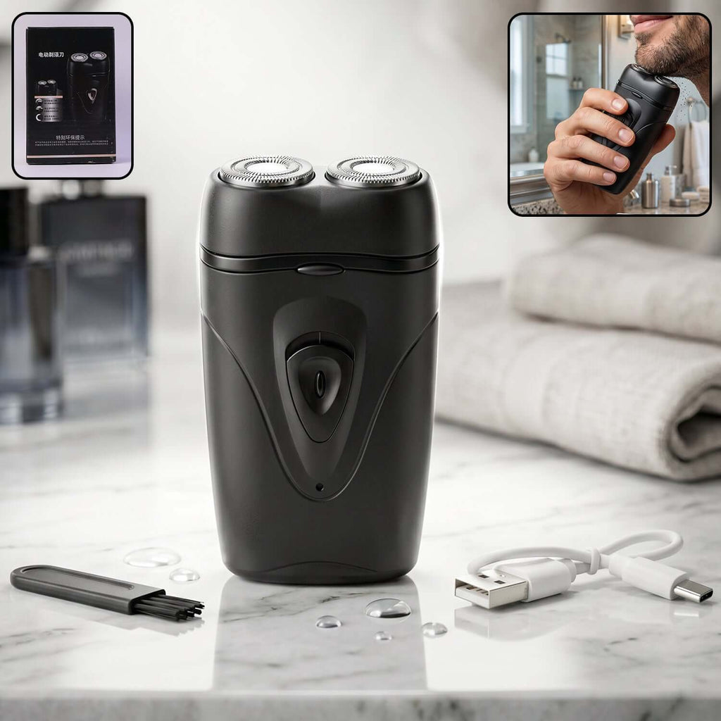 Portable cordless electric shaver for men on a countertop with accessories, showcasing its sleek design.