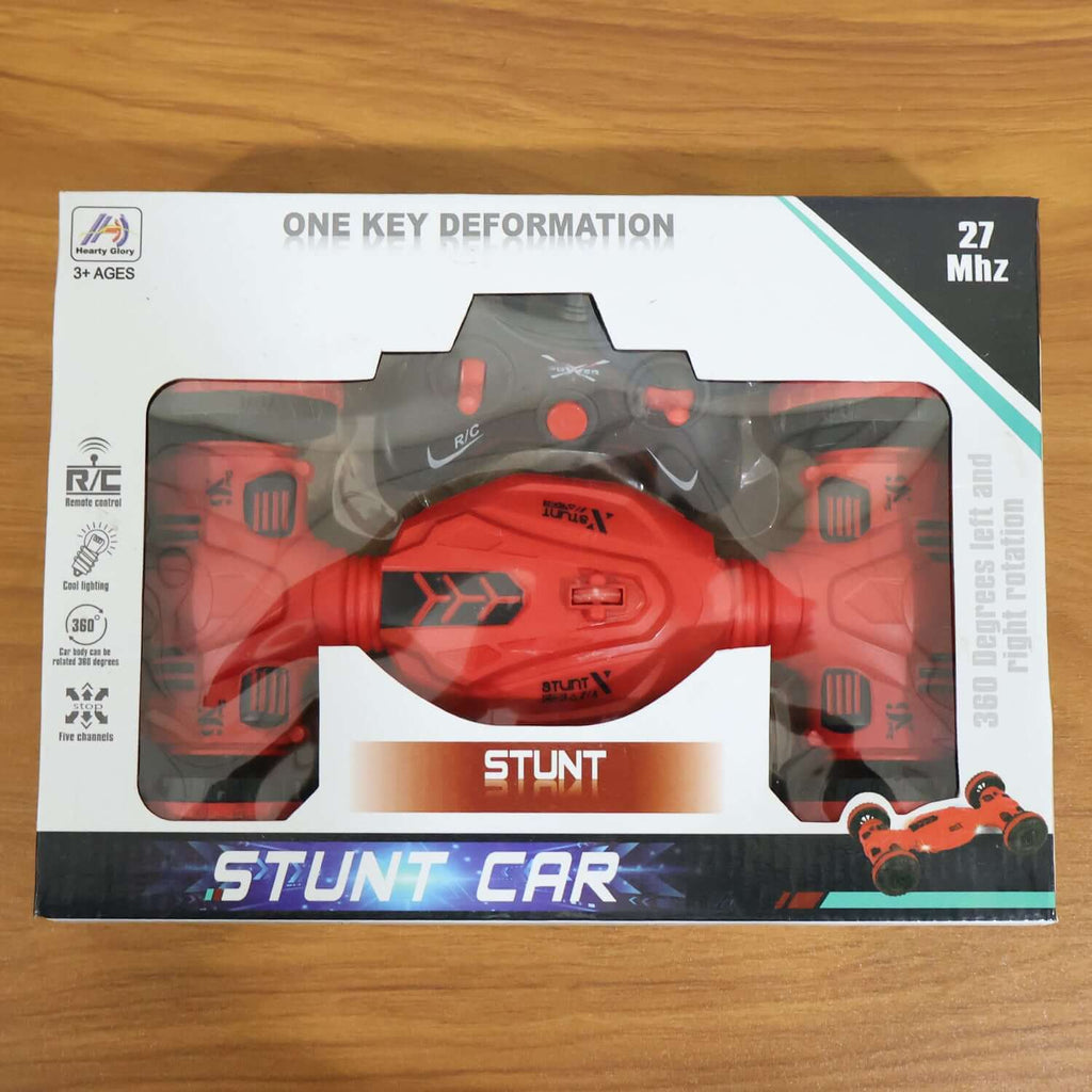 Remote Control One-Key Deformation Stunt Car packaging featuring 360° spins and cool lighting for kids.