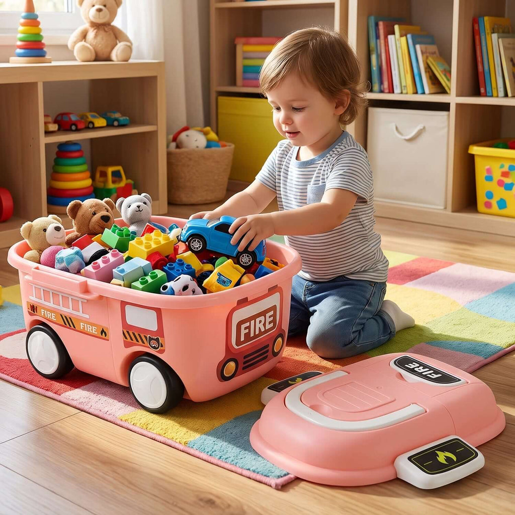 Fire truck toy storage box filled with colorful toys, providing easy organization for kids' playroom and encouraging tidy habits.