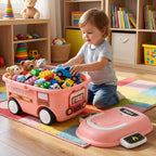 Fire truck toy storage box filled with colorful toys, providing easy organization for kids' playroom and encouraging tidy habits.