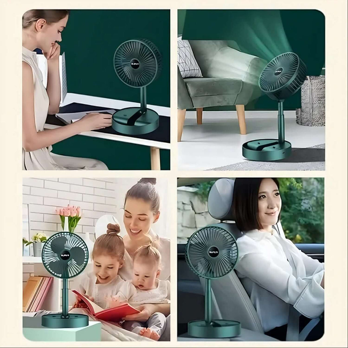 Foldable mini USB desk fan in use at a desk, with adjustable height, perfect for home, office, or travel.