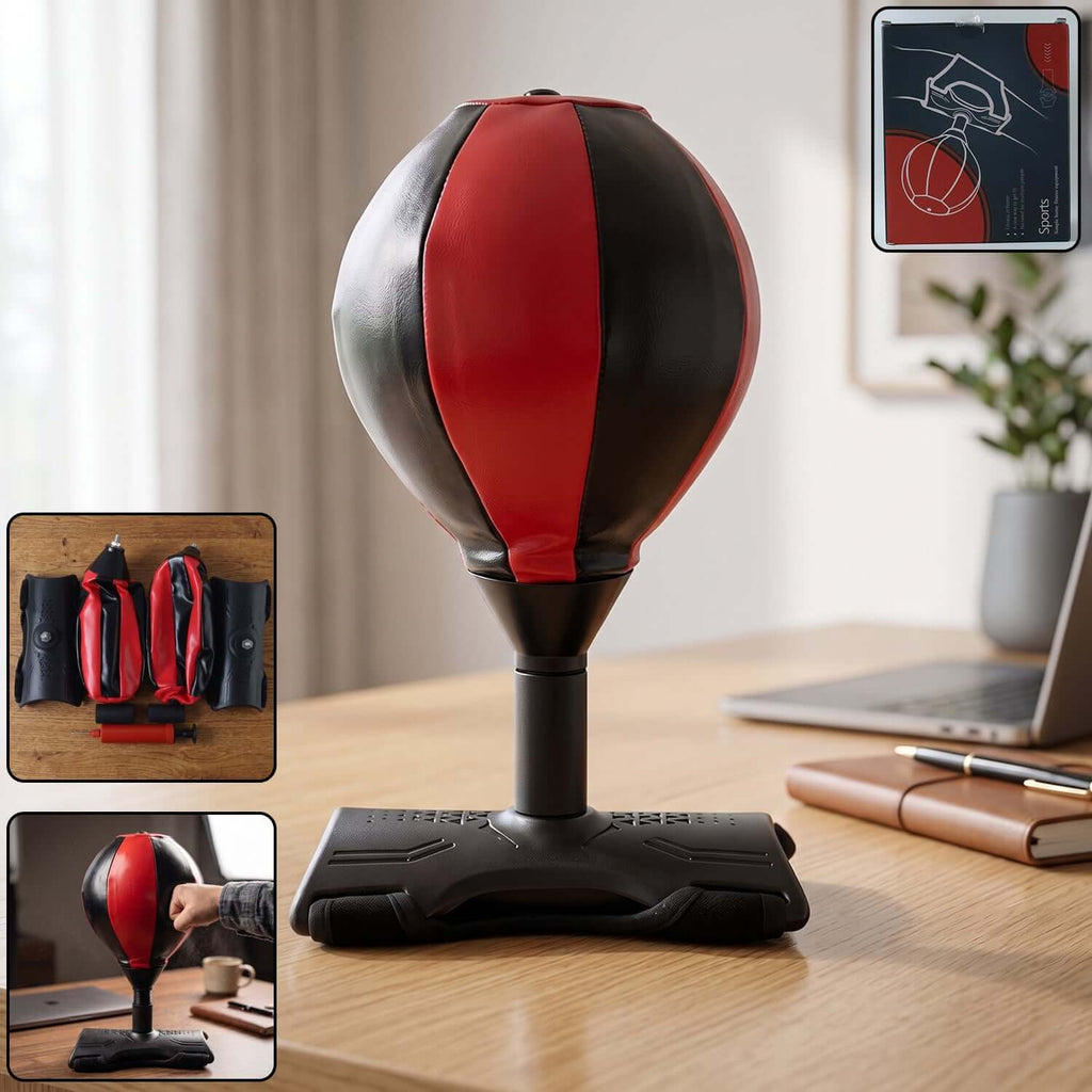 Inflatable Punching Bag with Air Pump positioned on a table, showing freestanding design for boxing and training.