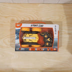 Remote Control Double Flip Stunt Car, Rechargeable in packaging on a wooden surface.