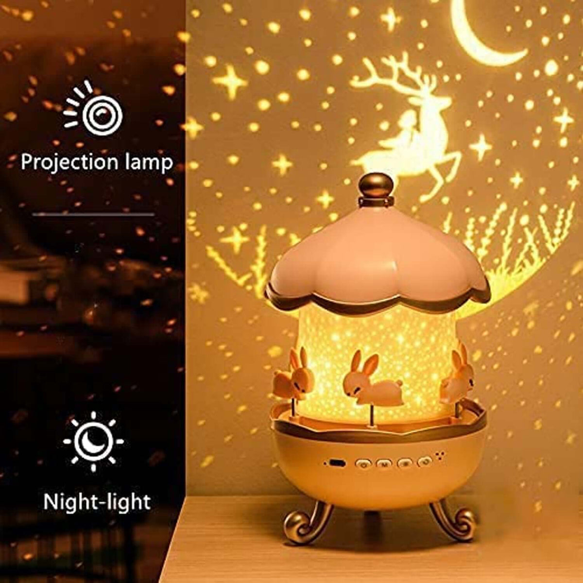 Bunny carousel rotating LED night light with music projecting stars and moons, perfect for bedtime.