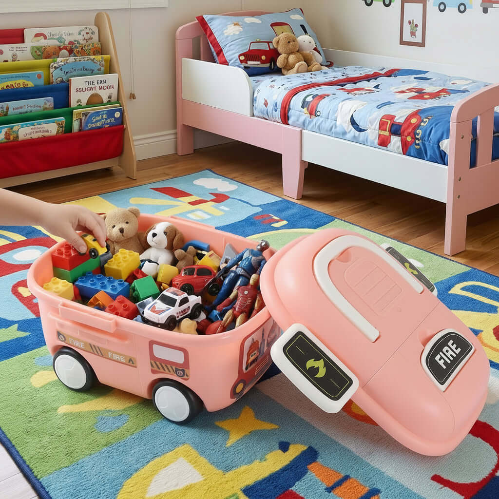 Fire truck toy storage box with lid and wheels, filled with colorful toys in kids' bedroom play area.