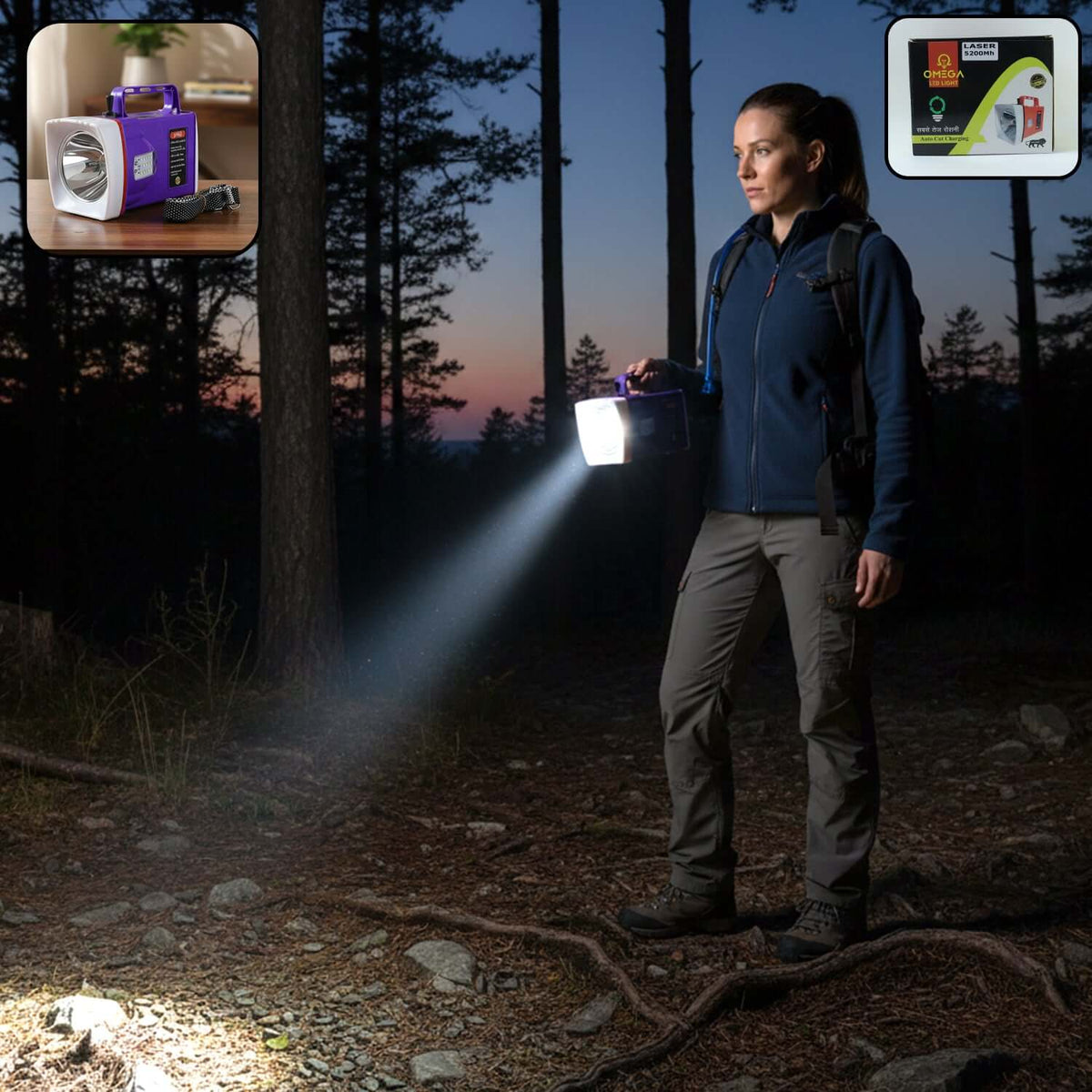 A woman using a rechargeable LED laser torch in the woods at dusk, showcasing its powerful beam.