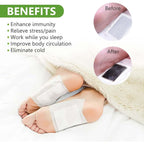 Ginger detox foot pads applied to feet showing benefits of detoxification and improved circulation.