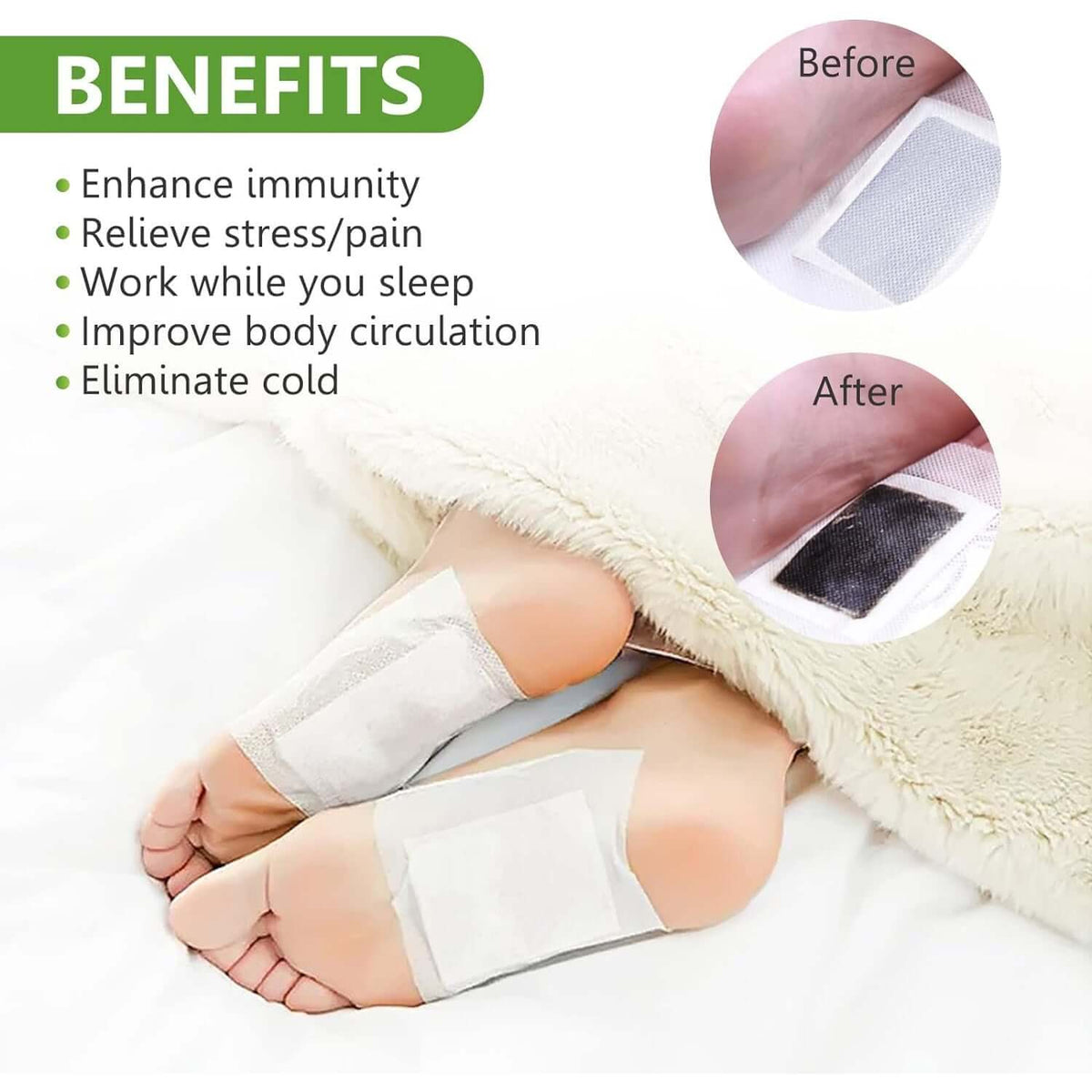Ginger detox foot pads applied to feet showing benefits of detoxification and improved circulation.