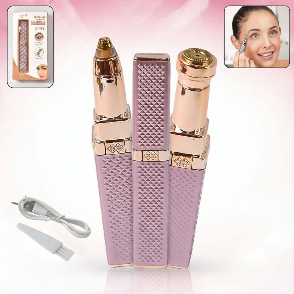 2-in-1 eyebrow razor and painless hair shaver in stylish pink design with removable trimmer heads and charging cable.