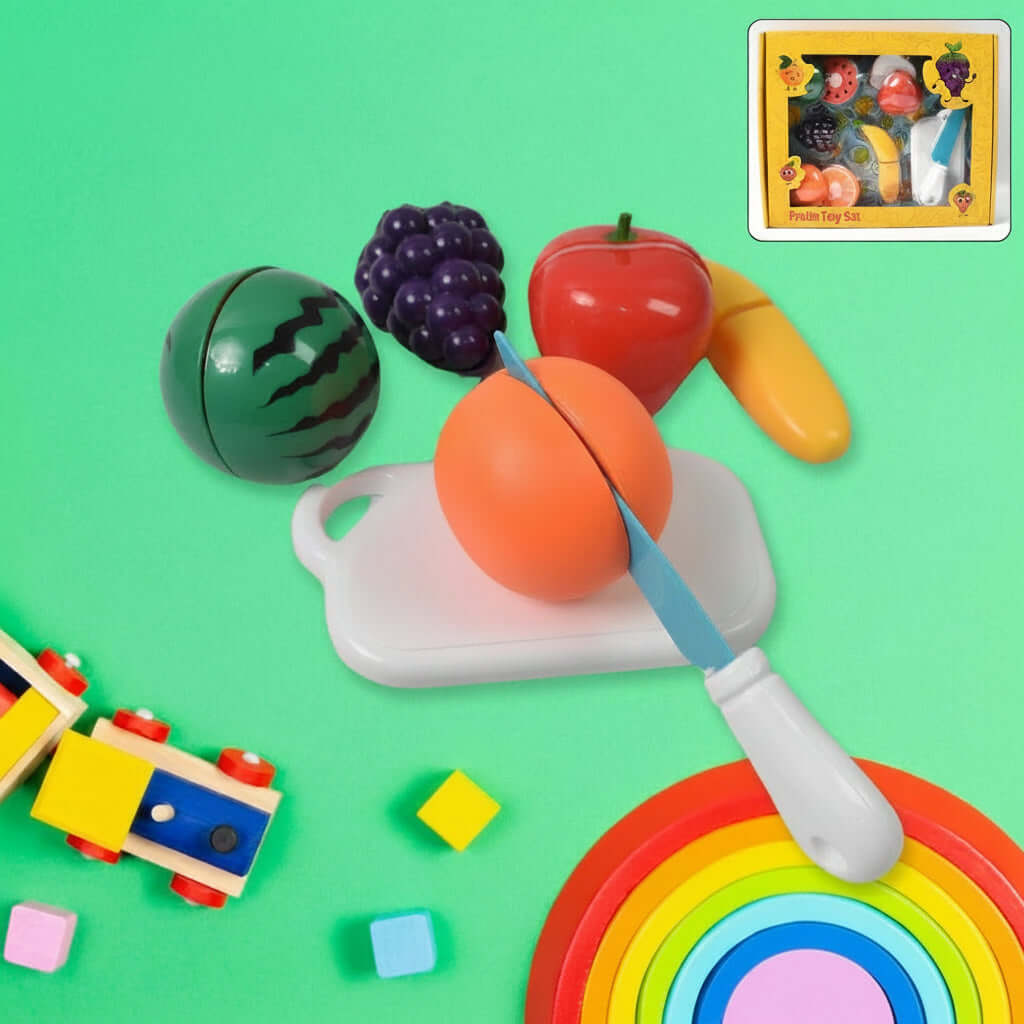 Pretend fruit cutting toy set with toy fruits, chopping board, and knife, ideal for imaginative play.