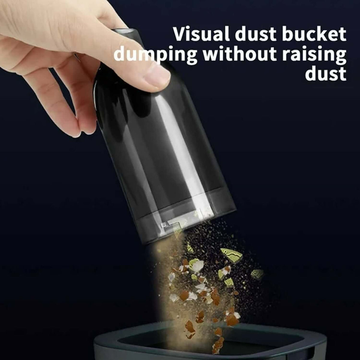 Visual dust bucket dumping without raising dust from the 3-in-1 Rechargeable Car Vacuum Cleaner with Blower.