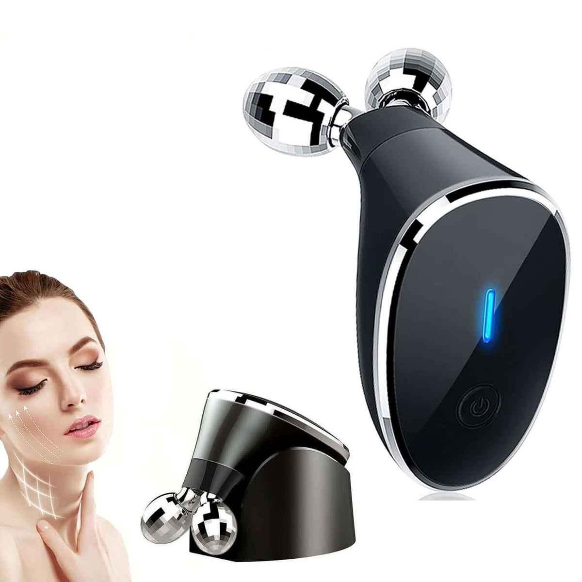 Microcurrent Face Massager Roller device with dual rollers for facial and body treatment.