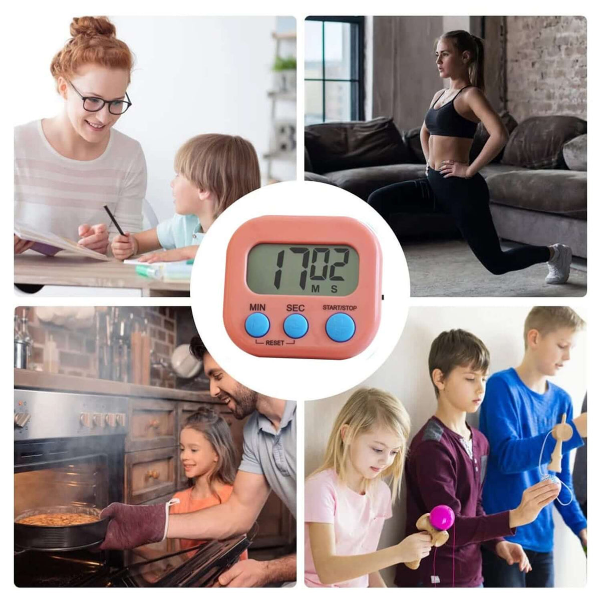 Image of a digital kitchen timer with big digits, used in cooking, exercise, and family activities.
