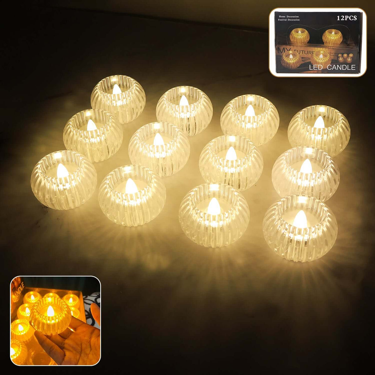 Set of 12 LED flameless tealight candles with ribbed crystal bodies and flickering LED flames.