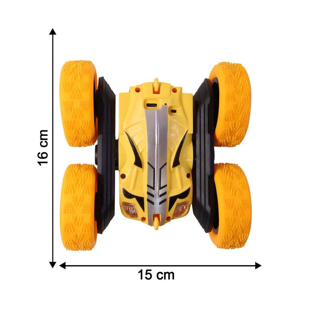 Remote control flip stunt car with yellow tires, dimensions 15 cm by 16 cm, designed for flipping and stunts.