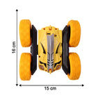 Remote control flip stunt car with yellow tires, dimensions 15 cm by 16 cm, designed for flipping and stunts.