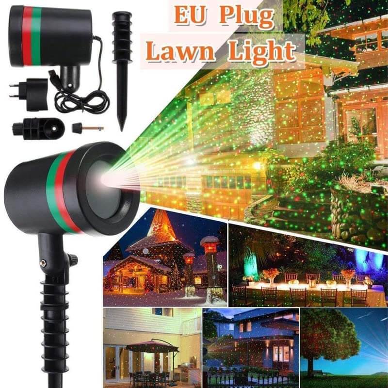 Star fairy laser light projector illuminating various outdoor settings with moving red and green lights.